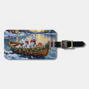 Etiqueta Para Maletas Barco de Navidad con Samoyedo Blanco Fiesta