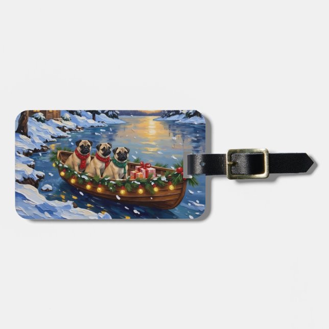Etiqueta Para Maletas Barco de Navidad Pug Fiesta (Frente Horizontal)