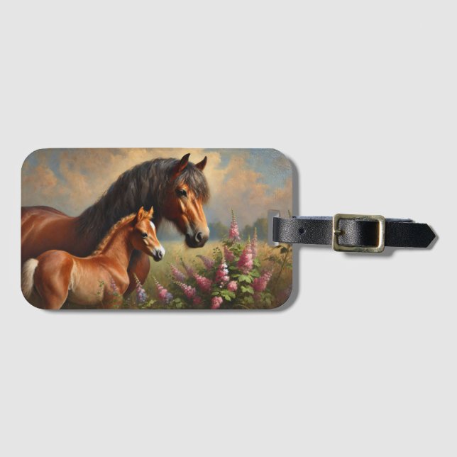 Etiqueta Para Maletas Bay Mare con pintura de Foal Wildflowers (Anverso horizontal)