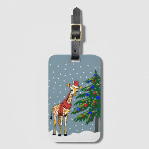 Etiqueta Para Maletas Beanie de jirafa y bufanda con árbol de Navidad