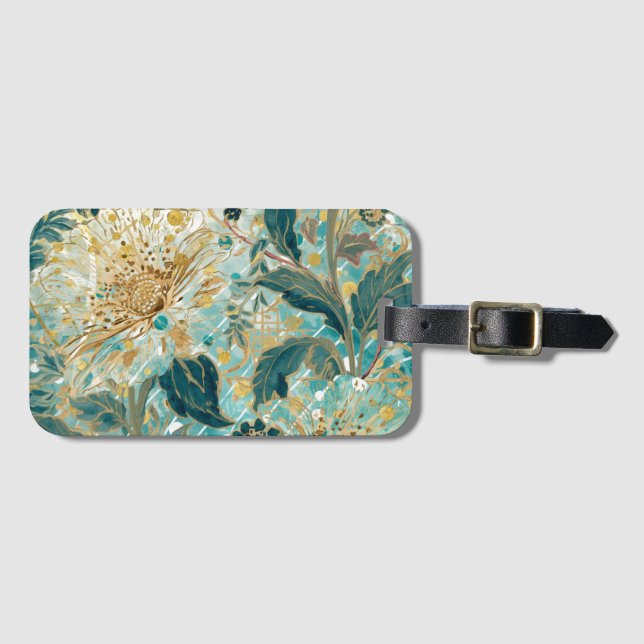 Etiqueta Para Maletas Beautiful Blooming Flowers with Green Gold Pattern (Anverso horizontal)