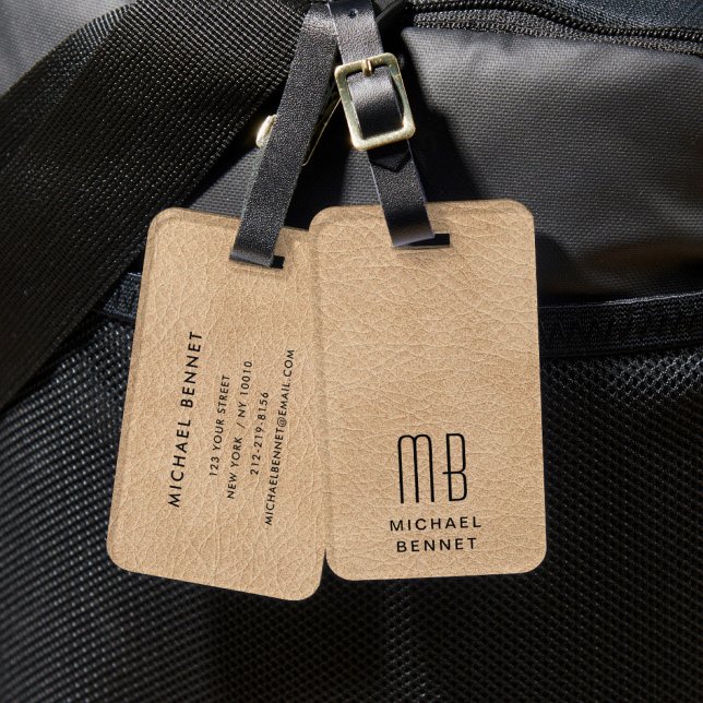Etiqueta Para Maletas Beige elegante monogramado (Monogrammed Elegant Beige Luggage Tag)