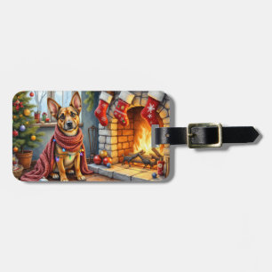 Etiqueta Para Maletas Belgian Malinois Chimenea con Luces de Navidad 