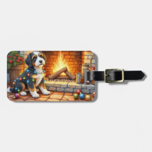 Etiqueta Para Maletas Bernedoodle Chimenea con Luces de Navidad