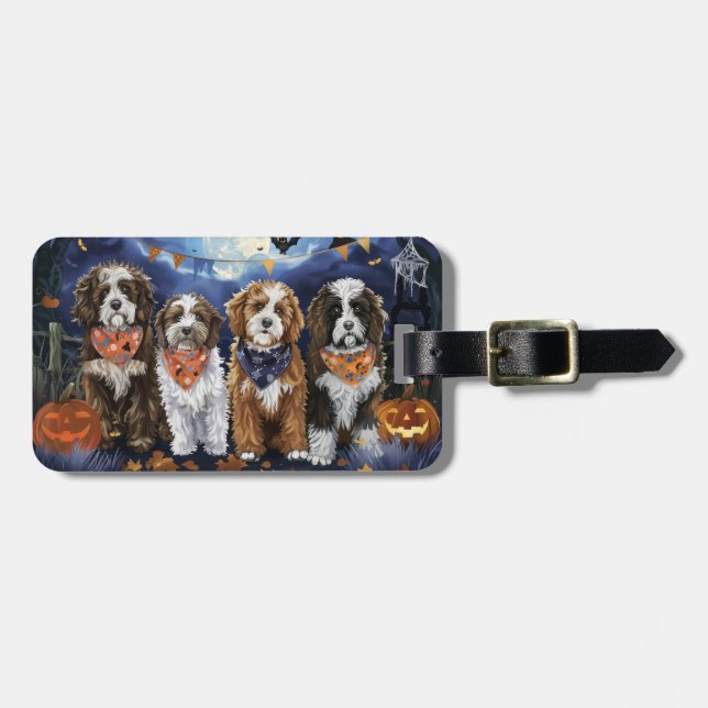Etiqueta Para Maletas Bernedoodle Halloween Spooky (Frente Horizontal)
