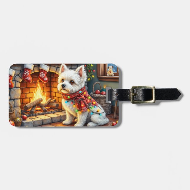 Etiqueta Para Maletas Bichon Frise Fireplace with Christmas Lights (Frente Horizontal)