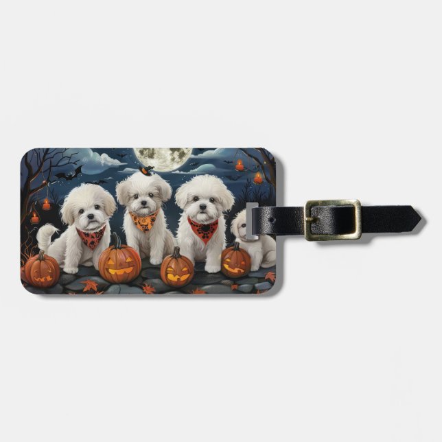 Etiqueta Para Maletas Bichon Frise Halloween Spooky (Frente Horizontal)