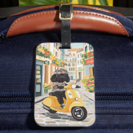 Etiqueta Para Maletas Black Doodle Riding Scooter European City Streets