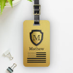 Etiqueta Para Maletas Black Gold Shield Bandera Estados Unidos Monograma<br><div class="desc">Añada su nombre y monograma para hacer su propio producto único.</div>