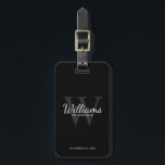 Etiqueta Para Maletas Black Personalize Groomsmen's name and Monogram<br><div class="desc">Añada un toque personal a su boda con la etiqueta de equipaje personalizada para los padrinos. Esta etiqueta portaequipajes presenta el nombre del groomsman personalizado en estilo de letra de escritura clásico blanco con detalles bodas en estilo de fuente serif clásico blanco y monograma en estilo de fuente serif gris...</div>