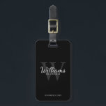Etiqueta Para Maletas Black Personalize Groomsmen's name and Monogram<br><div class="desc">Añada un toque personal a su boda con la etiqueta de equipaje personalizada para los padrinos. Esta etiqueta portaequipajes presenta el nombre del groomsman personalizado en estilo de letra de escritura clásico blanco con detalles bodas en estilo de fuente serif clásico blanco y monograma en estilo de fuente serif gris...</div>