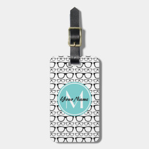 Etiqueta Para Maletas Black Retro Geek Glasses Aqua Nombre Personalizado