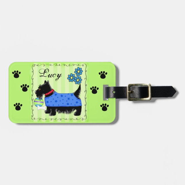 Etiqueta Para Maletas Black Scottie Terrier Dog Name Personalized Green (Frente Horizontal)