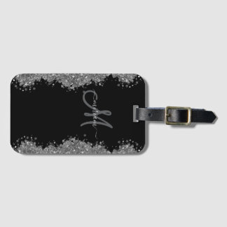 Etiqueta Para Maletas Black Silver Faux Glitter Grey Modern Monogram