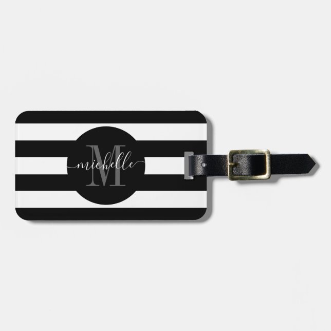 Etiqueta Para Maletas Black White Stripe Monogram Girly Circle (Frente Horizontal)