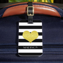 Black White Stripes Faux Gold Heart