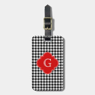 Etiqueta Para Maletas Blanco Negro Houndstooth Rojo Cuatro Hojas Monogra