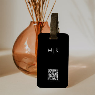Etiqueta Para Maletas Blanco y negro con código QR   Monograma moderno