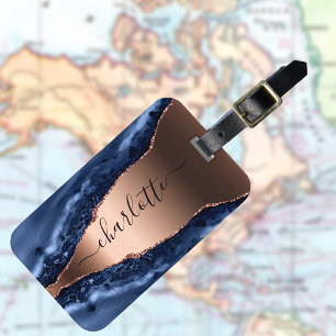 Etiqueta Para Maletas Blue agate marble rose gold name script