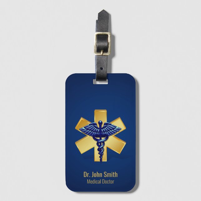 Etiqueta Para Maletas Blue Medical 3D Caduceus Gold Cross (Anverso vertical)