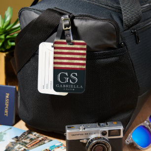 Etiqueta Para Maletas Blue Red White Stripe Monograma Nombre Estados Uni