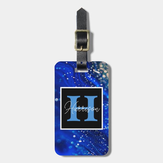 Etiqueta Para Maletas Blue Shimmer Name & Monogram  (Frente Vertical)