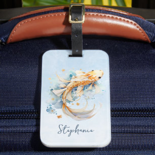 Etiqueta Para Maletas Blue Watercolor Gold Koi Fish Personalizado