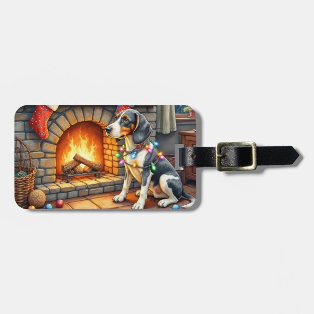 Etiqueta Para Maletas Bluetick Coonhound Chimenea con Luces de Navidad (Frente Horizontal)