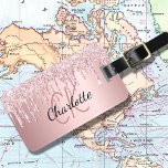 Etiqueta Para Maletas Blush pink glitter drips monogram name<br><div class="desc">A blush pink,  dusty rose metallic looking background decorated with faux glitter drips,  paint dripping look.  Personalize and add a name,  your monogram initials. Your contact information on the back.</div>
