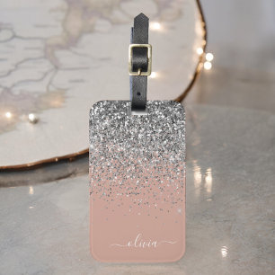 Etiqueta Para Maletas Blush Rosa Plata Brillo Monograma Dorado Rosa
