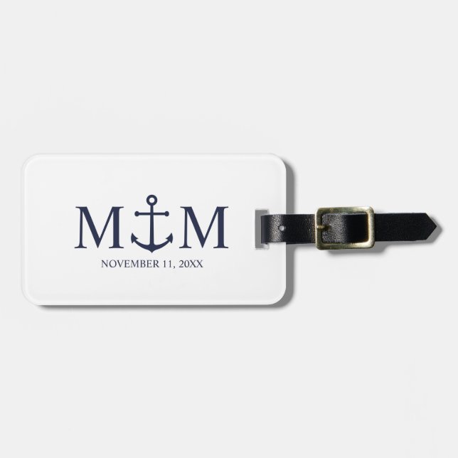 Etiqueta Para Maletas Boda de Anclaje Azul de la Marina Náutica (Frente Horizontal)