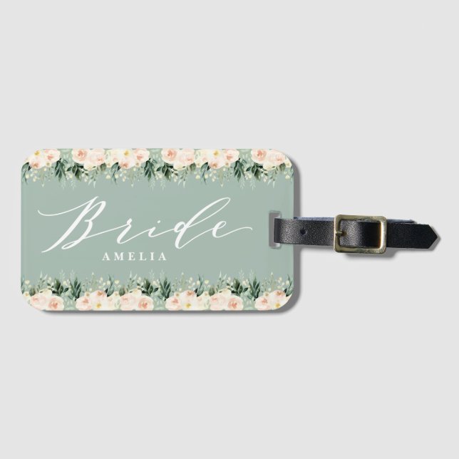 Etiqueta Para Maletas boda floral + follaje personalizado Rubor (Anverso horizontal)