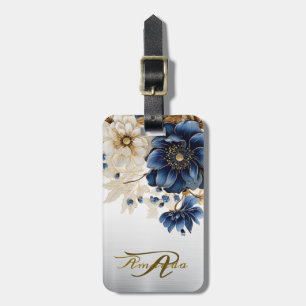 Etiqueta Para Maletas Boda Navy Blue White Golden Floral Silver