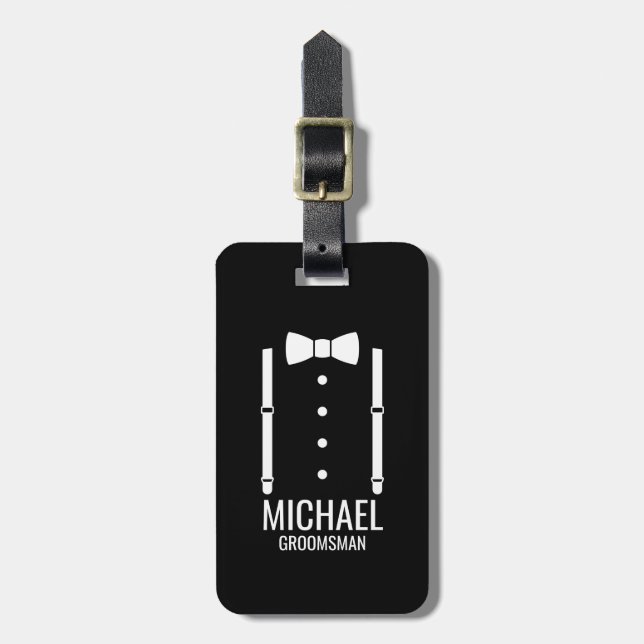 Etiqueta Para Maletas Boda negro Bow Tie Personalizado Groomsmen (Frente Vertical)