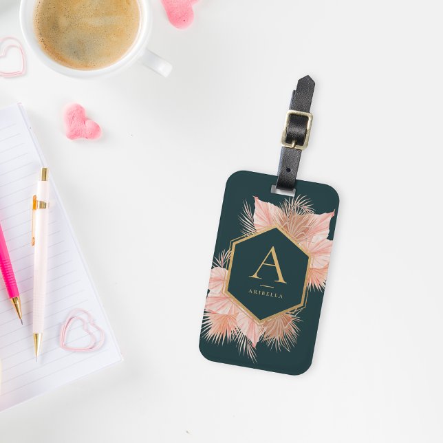 Etiqueta Para Maletas Boho Floral con monograma dorado (Subido por el creador)