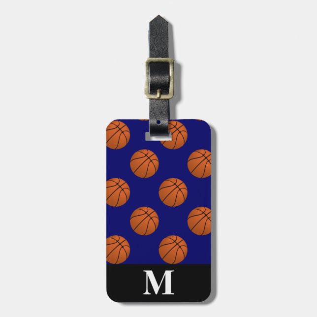 Etiqueta Para Maletas Bolas de baloncesto marrón monograma, azul marino (Frente Vertical)