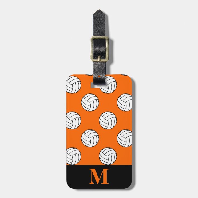 Etiqueta Para Maletas Bolas de voleibol blanco negro monograma, Naranja (Frente Vertical)