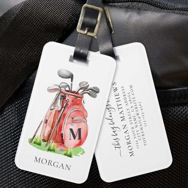 Etiqueta Para Maletas Bolsa de Golf Roja Monograma (Monogram Red Golf Bag Luggage Tag)