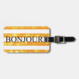 Etiqueta Para Maletas Bonjour Naranja Stripe Bokeh