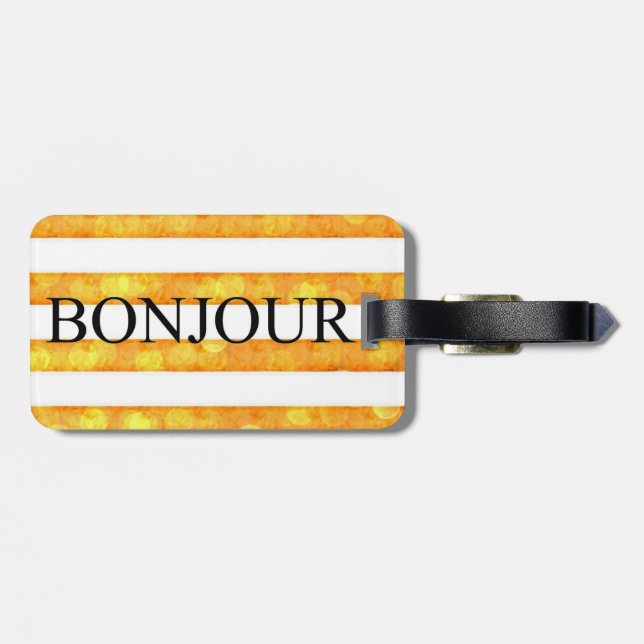 Etiqueta Para Maletas Bonjour Naranja Stripe Bokeh (Atrás Horizontal)