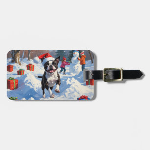 Etiqueta Para Maletas Boston Terrier Escena Navideña Festiva de Nieve
