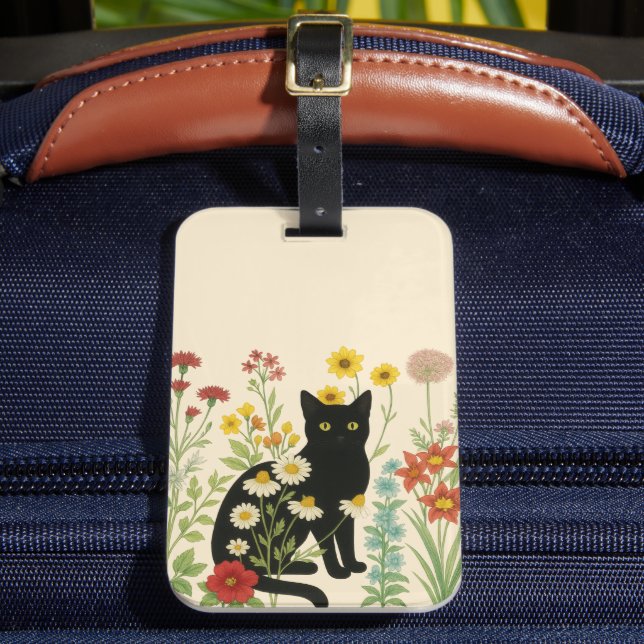 Etiqueta Para Maletas Botanical Nature – Black Cat in Wildflower Garden (Anverso In situ 2)