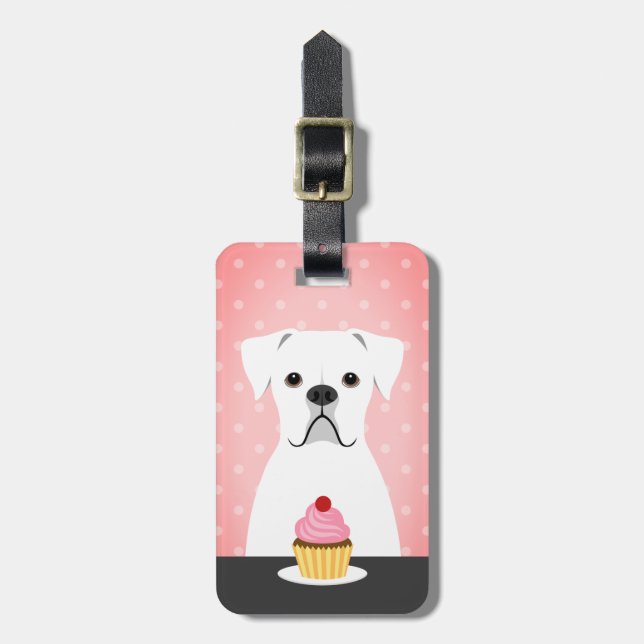 Etiqueta Para Maletas Boxer Perro Blanco Comer Pastel Rosa Fondo (Frente Vertical)