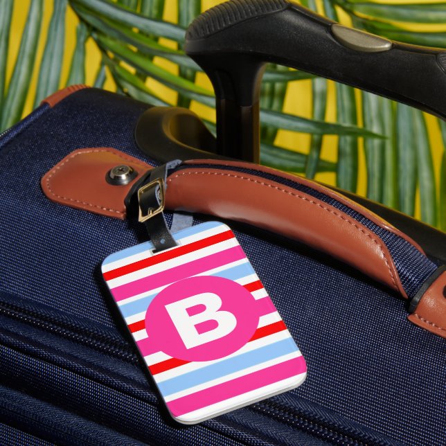 Etiqueta Para Maletas Bright Pink and Blue Candy Stripes Monogram (Anverso In situ 1)