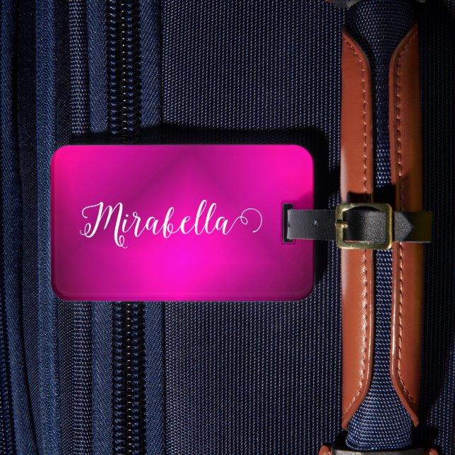 Etiqueta Para Maletas Brillante de viaje rosa en Monogramo Fuchsia (Anverso In situ 4)