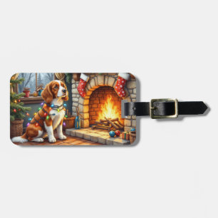 Etiqueta Para Maletas Brittany Spaniel Chimenea con Luces de Navidad