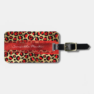 Etiqueta Para Maletas Brote de pincel de leopardo rojo y Relieve metaliz