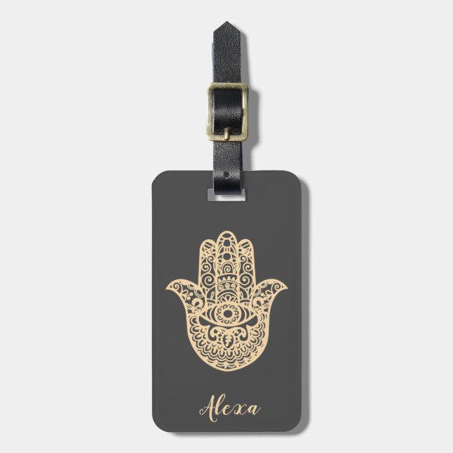 Etiqueta Para Maletas Buena suerte gris personalizada regalo hamsa mano (Frente Vertical)