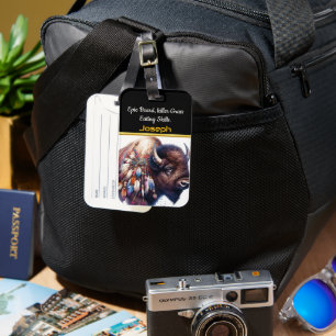 Etiqueta Para Maletas Búfalo con plumas artísticas vibrantes