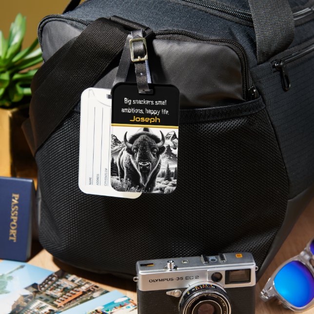 Etiqueta Para Maletas Búfalo Valiente Contra Montaña (Anverso & Reverso)